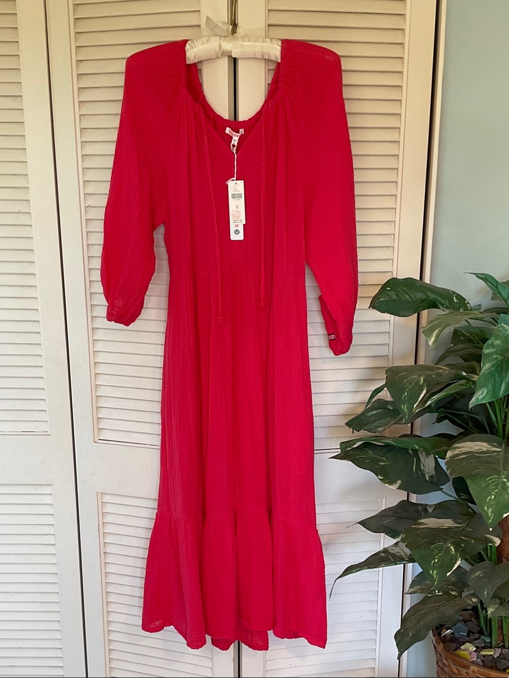 Sundry Popy Red Midi Dress with Puff Sleeves and Tie V-Neck